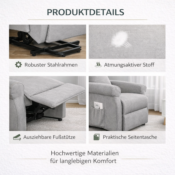 Aufstehsessel – Premium – 1 Motor – Modell Bernhard - Grau