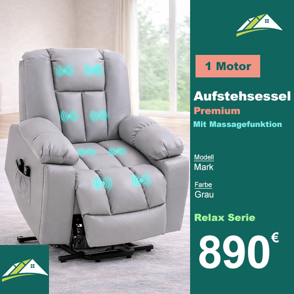 Sessel mit Massagefunktion und Aufstehhilfe, 8 Massagepunkte, 2 Seitentaschen, Fernbedienung