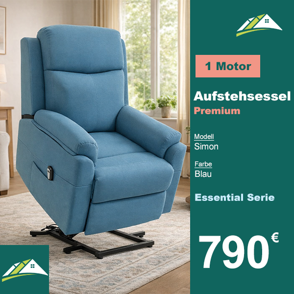 Fernsehsessel mit Aufstehhilfe Elektrisch Relaxsessel mit Liegefunktion, TV-Sessel mit Fernbedienung Seitentasche Taschenfederkern Leinenoptik Blau