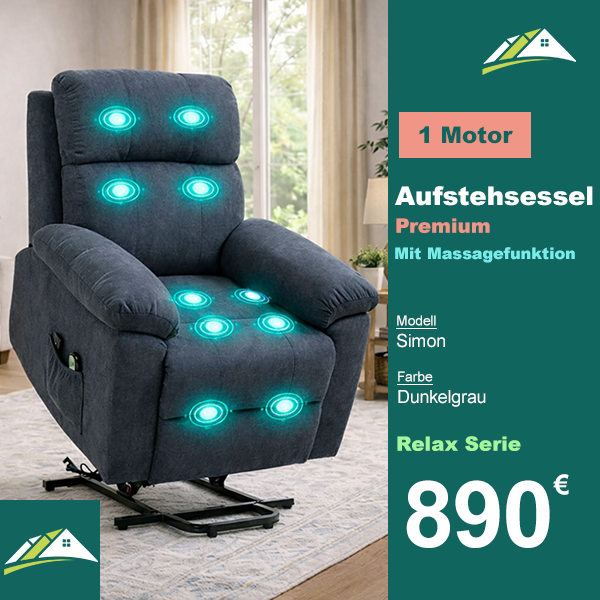Sessel mit Massagefunktion und Aufstehhilfe, 8 Massagepunkte, 2 Seitentaschen, Fernbedienung