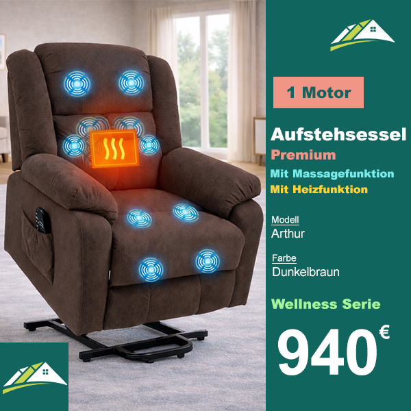 Aufstehsessel mit Massagefunktion und Heizfunktion, Recliner-Sessel mit Fernbedienungen und Seitentaschen, Dunkelbraun