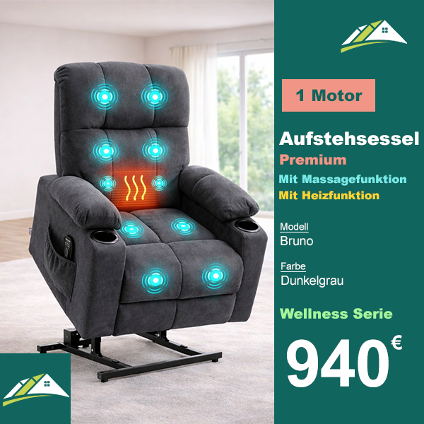 Aufstehsessel – Premium – mit Massage und Wärme – Modell Bruno - Dunkelgrau