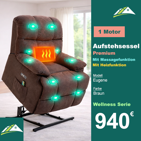 Aufstehsessel – Premium – mit Massage und Wärme – Modell Eugene – Braun