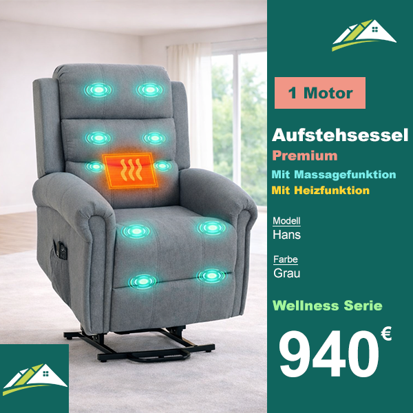 Aufstehsessel – Premium – mit Massage und Wärme – Modell Hans - Grau