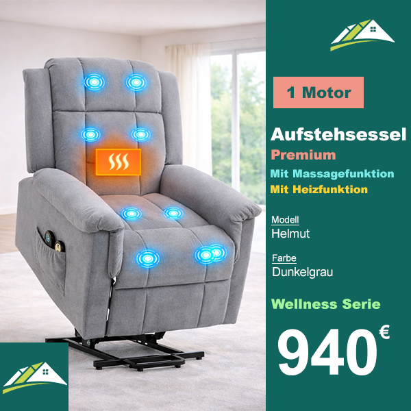 Aufstehsessel – Premium – mit Massage und Wärme – Modell Helmut - Dunkelgrau