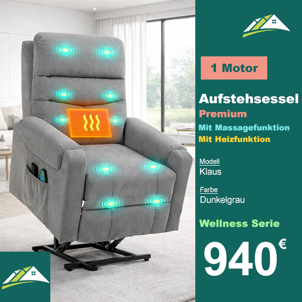 Aufstehsessel – Premium – mit Massage und Wärme – Modell Klaus - Dunkelgrau