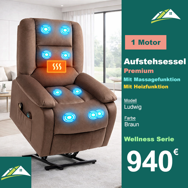 Aufstehsessel – Premium – mit Massage und Wärme – Modell Ludwig - Braun