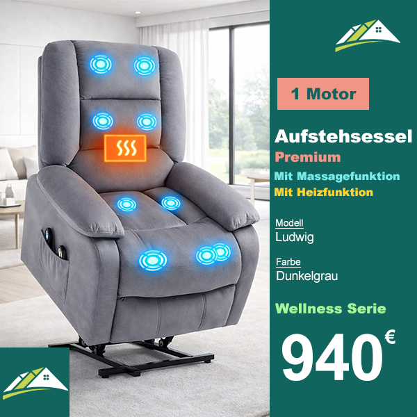 Aufstehsessel – Premium – mit Massage und Wärme – Modell Ludwig - Dunkelgrau