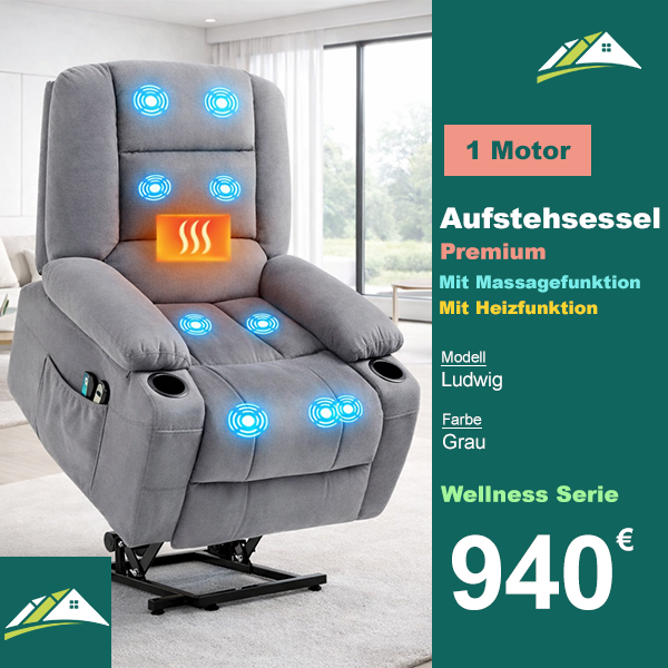 Aufstehsessel – Premium – mit Massage und Wärme – Modell Ludwig - Grau