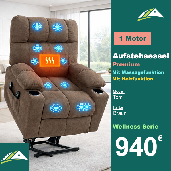Aufstehsessel – Premium – mit Massage und Wärme – Modell Tom - Braun