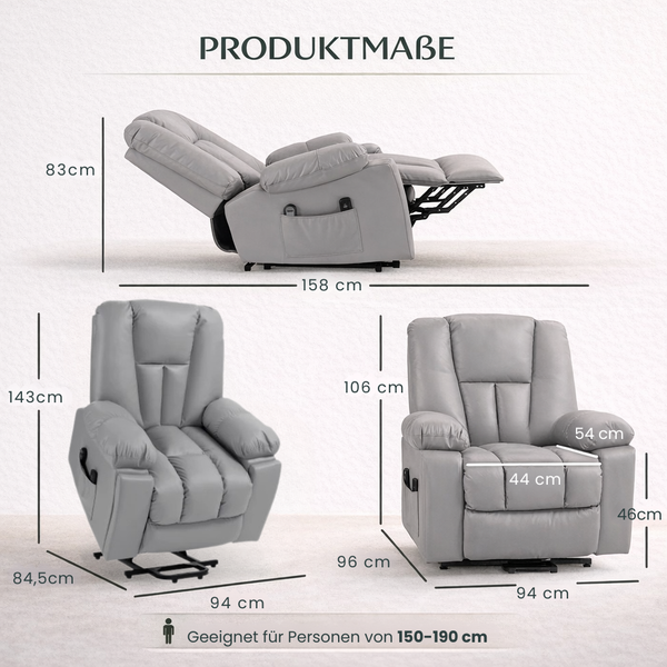 Aufstehsessel – Premium – mit Massagefunktion – Modell Mark - Grau