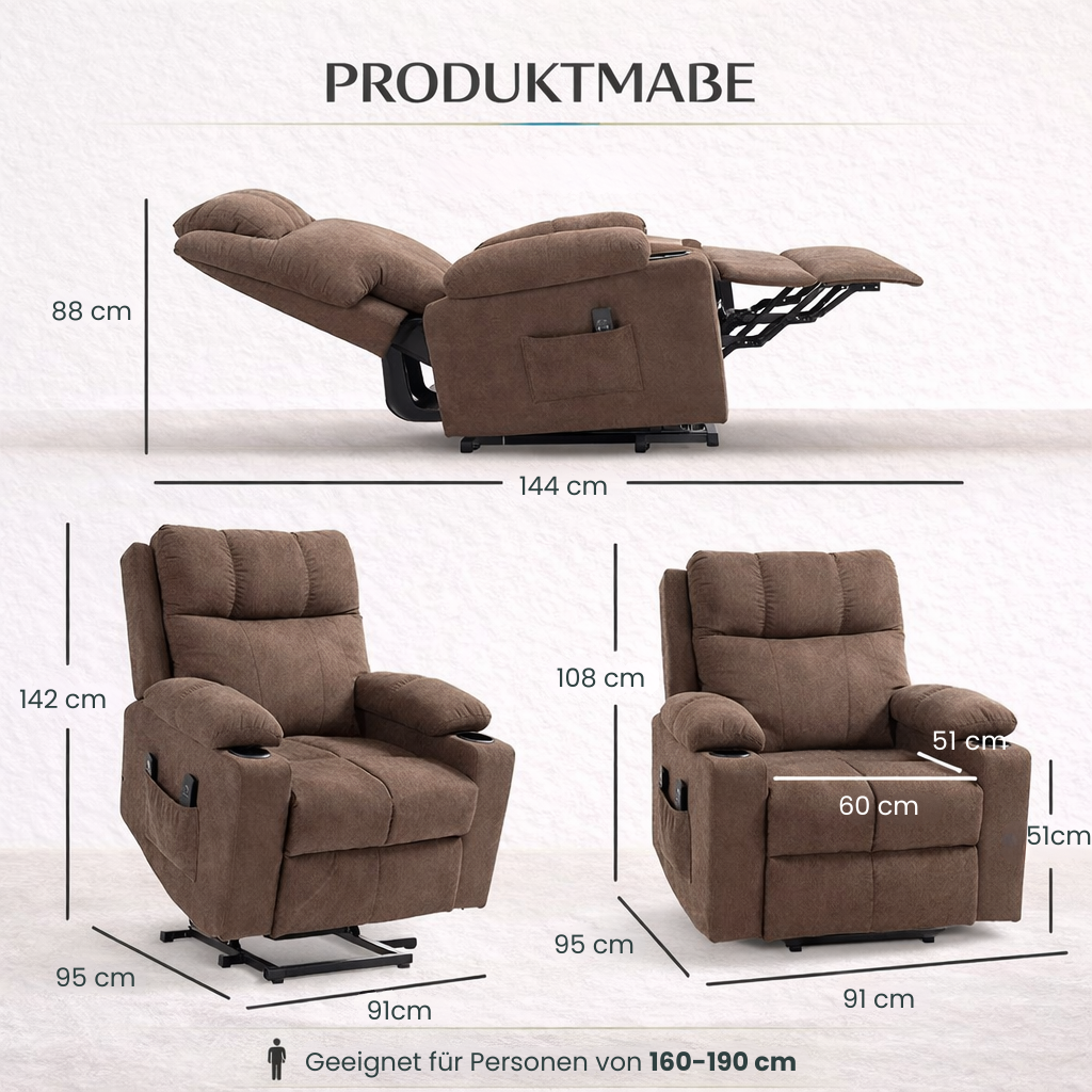 Aufstehsessel – Premium – mit Massage und Wärme – Modell Tom - Braun
