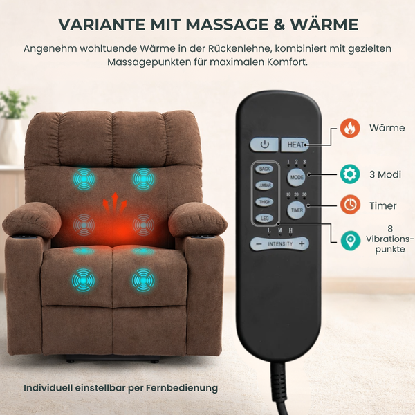 Aufstehsessel – Premium – mit Massage und Wärme – Modell Tom - Braun